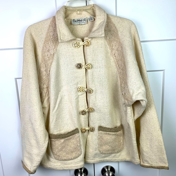 Flashback Sweaters - Vintage MEDIUM Button Front Sweater Jacket Lace Art To Wear Cottagecore Granny